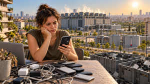 Una persona osserva uno smartphone rotto accanto a molti dispositivi dismessi, con un centro dati sotto il caldo urbano sullo sfondo