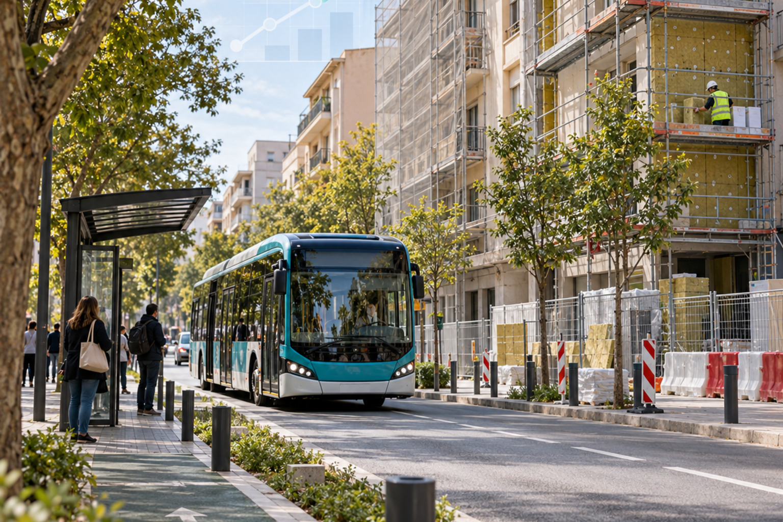 Immagine editoriale di una strada urbana con autobus elettrico, pista ciclabile e lavori di riqualificazione energetica su edifici.